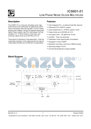 ICS601G-21T datasheet - LOW PHASE NOISE CLOCK MULTIPLIER