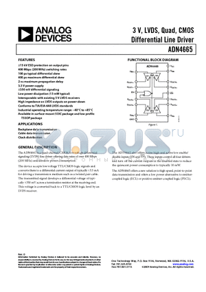 ADN4665ARUZ-REEL7 datasheet - 3 V, LVDS, Quad, CMOS Differential Line Driver