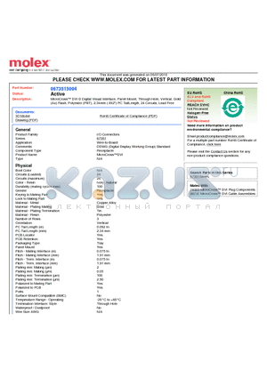 67351-5004 datasheet - MicroCross DVI-D Digital Visual Interface, Panel Mount, Through Hole, Vertical, GoldAu) Flash, Polyester (PBT), 2.34mm (.092
