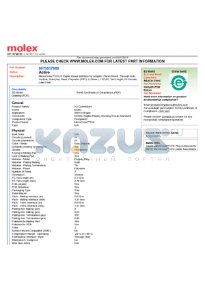 67351-7000 datasheet - MicroCross DVI-D Digital Visual Interface for Adapter, Panel Mount, Through HoleVertical, Gold (Au) Flash, Polyester (PBT), 2.79mm (.110