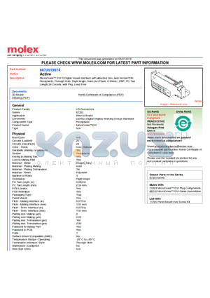 67351-9074 datasheet - MicroCross DVI-D Digital Visual Interface with attached Hex Jack Screw,PCB Receptacle, Through Hole, Right Angle, Gold (Au) Flash, 2.34mm (.092