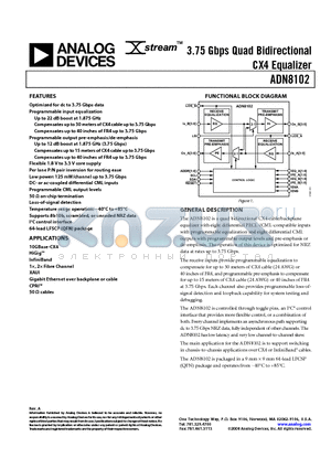 ADN8102-EVALZ datasheet - 3.75 Gbps Quad Bidirectional CX4 Equalizer