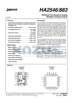 HA1-2546883 datasheet - Wideband Two Quadrant Analog Multiplier (Voltage Output)