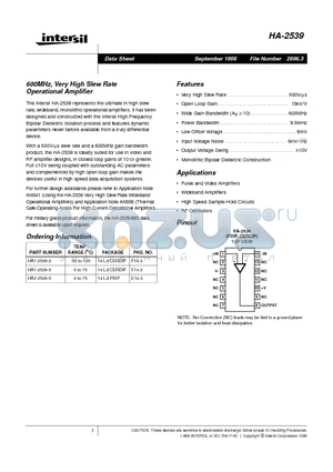 HA1-2539-2 datasheet - 600MHz, Very High Slew Rate Operational Amplifier