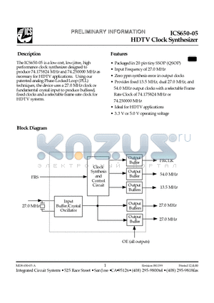 ICS650R-05T datasheet - HDTV Clock Synthesizer