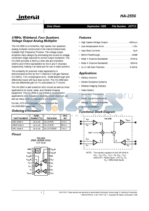 HA1-2556-9 datasheet - 57MHz, Wideband, Four Quadrant, Voltage Output Analog Multiplier