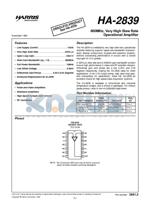 HA1-2839-5 datasheet - 600MHz, Very High Slew Rate Operational Amplifier
