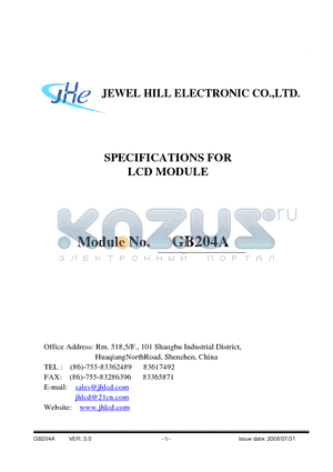 GB204AHYABNLA-V01 datasheet - SPECIFICATIONS FOR LCD MODULE