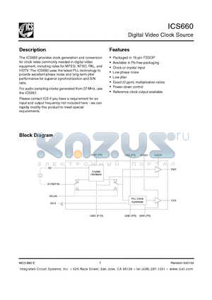 ICS660GITR datasheet - Digital Video Clock Source