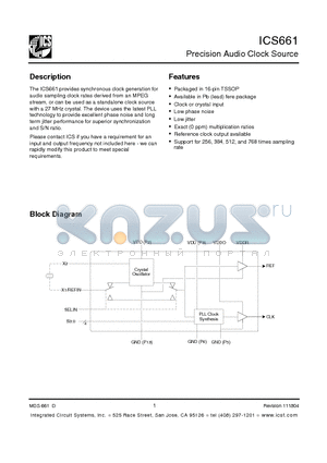 ICS661GITR datasheet - Precision Audio Clock Source