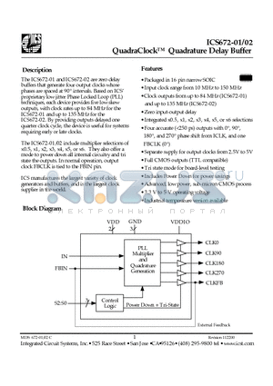 ICS672M-02I datasheet - QuadraClock Quadrature Delay Buffer