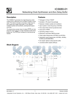 ICS680-01 datasheet - Networking Clock Synthesizer and Zero Delay Buffer
