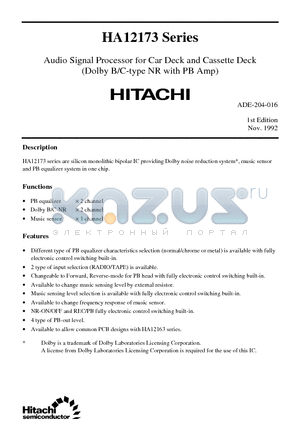HA12175 datasheet - Audio Signal Processor for Car Deck and Cassette Deck (Dolby B/C-type NR with PB Amp)