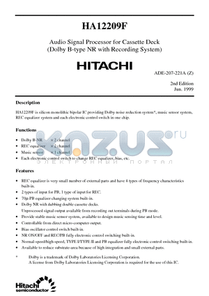 HA12209 datasheet - Audio Signal Processor for Cassette Deck(Dolby B-type NR with Recording System)