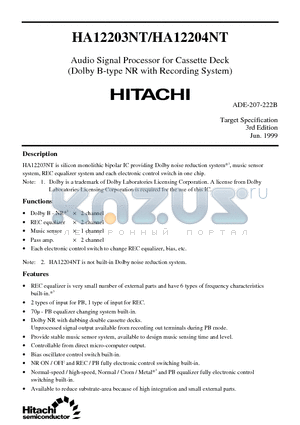 HA12203NT datasheet - Audio Signal Processor for Cassette Deck(Dolby B-type NR with Recording System)