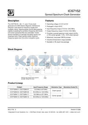 ICS7152MI-02LF datasheet - Spread Spectrum Clock Generator