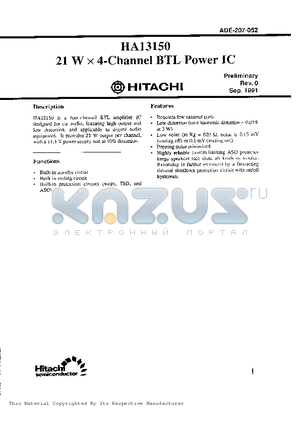 HA13150 datasheet - 21W X 4 CHANNEL BTL POWER IC