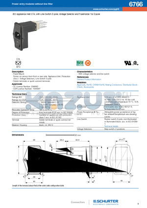 6766 datasheet - IEC Appliance Inlet C14, with Line Switch 2-pole, Voltage Selector and Fuseholder 1or 2-pole