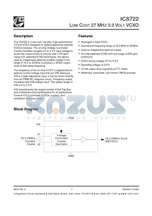 ICS722M datasheet - LOW COST 27 MHZ 3.3 VOLT VCXO