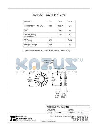 L-20408 datasheet - Toroidal Power Inductor