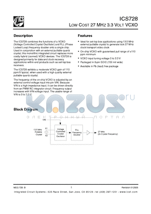 ICS728 datasheet - LOW COST 27 MHZ 3.3 VOLT VCXO