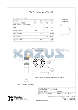 L-20432 datasheet - SMPS Inductor - Toroid
