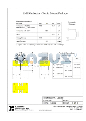 L-20436K datasheet - SMPS Inductor - Toroid Mount Package
