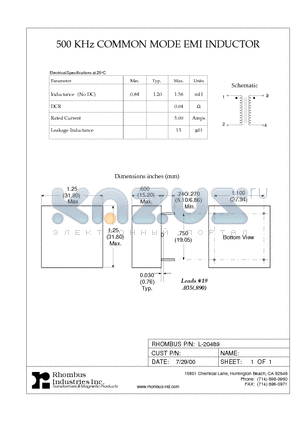 L-20489 datasheet - 500 KHz COMMON MODE EMI INDUCTOR