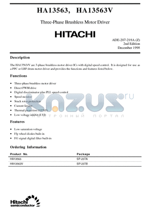 HA13563 datasheet - Three-Phase Brushless Motor Driver