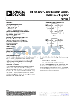 ADP130AUJZ-1.5-R7 datasheet - 350 mA, Low VIN, Low Quiescent Current, CMOS Linear Regulator