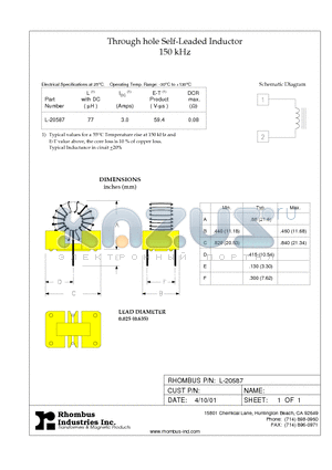 L-20587 datasheet - Through hole Self-Leaded Inductor