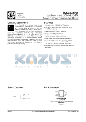 ICS8302AMI-01LF datasheet - LOW SKEW, 1-TO-2 LVCMOS / LVTTL FANOUT BUFFER W/ COMPLEMENTARY OUTPUT