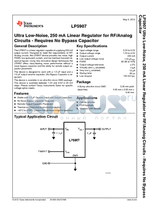 LP5907UVE-3.3/NOPB datasheet - Ultra Low-Noise, 250 mA Linear Regulator for RF/Analog Circuits - Requires No Bypass Capacitor