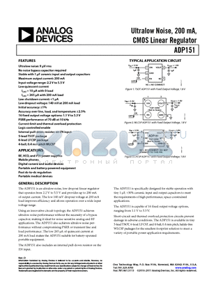 ADP151ACPZ-2.5-R7 datasheet - Ultralow Noise, 200 mA, CMOS Linear Regulator