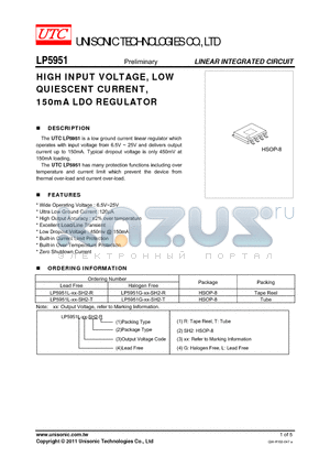 LP5951G-XX-SH2-R datasheet - HIGH INPUT VOLTAGE, LOW QUIESCENT CURRENT, 150mA LDO REGULATOR