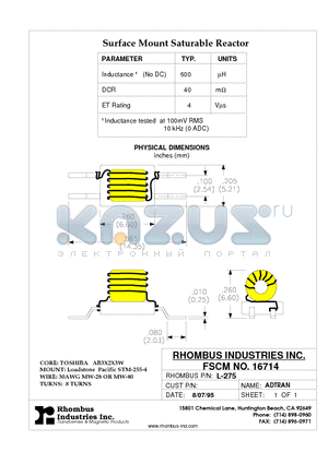 L-275 datasheet - Surface Mount Saturable Reactor