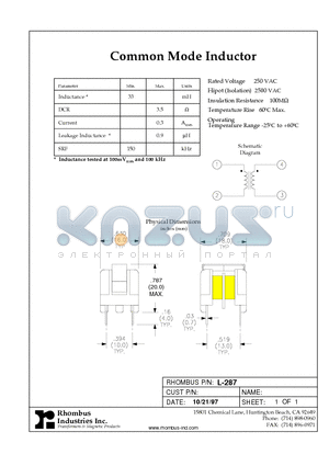 L-287 datasheet - Common Mode Inductor