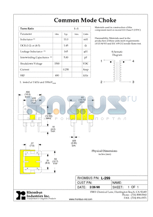 L-299 datasheet - Common Mode Choke