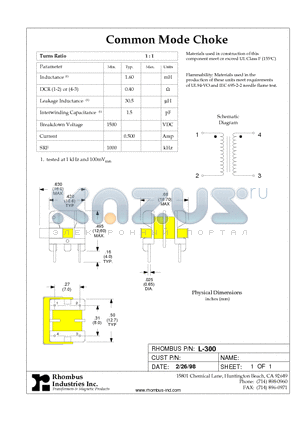 L-300 datasheet - Common Mode Choke