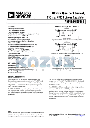 ADP160ACBZ-3.0-R7 datasheet - Ultralow Quiescent Current, 150 mA, CMOS Linear Regulator