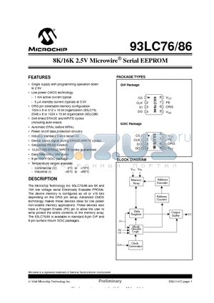 93LC76-P datasheet - 8K/16K 2.5V Microwire  Serial EEPROM
