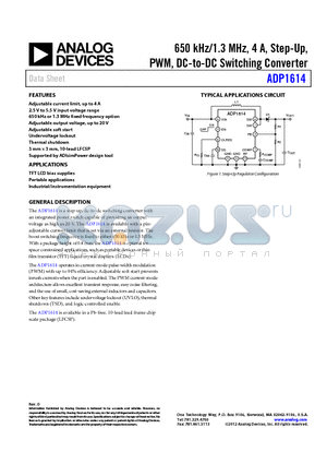 ADP1614ACPZ-1.3-R7 datasheet - 650 kHz/1.3 MHz, 4 A, Step-Up