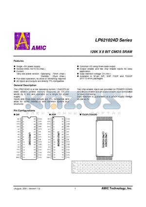 LP621024DV-70LL datasheet - 128K X 8 BIT CMOS SRAM