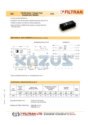 6790 datasheet - LAN 10/100 Base-T Single Port