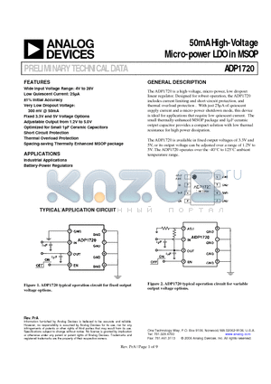 ADP1720-33 datasheet - 50mA High-Voltage Micro-power LDO in MSOP