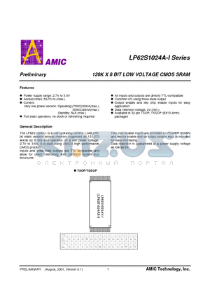 LP62S1024A-I datasheet - 128K X 8 BIT LOW VOLTAGE CMOS SRAM