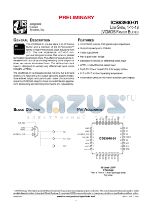 ICS83940AY-01 datasheet - LOW SKEW, 1-TO-18 LVCMOS FANOUT BUFFER