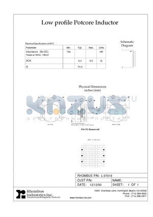 L-37019 datasheet - Low profile Potcore Inductor