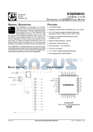 ICS83948AYI-01 datasheet - LOW SKEW, 1-TO-12 DIFFERENTIAL-TO-LVCMOS FANOUT BUFFER