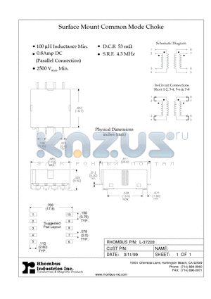 L-37203 datasheet - Surface Mount Common Mode Choke